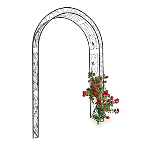Relaxdays Rosenbogen Blatt mit Verzierung HBT 226 x 144 x 36,5 cm Rankhilfe und Torbogen als Kletterhilfe für Kletterrosen aus Eisen mit 6 Heringen stabiles Rankgitter und Rosenspalier, schwarz