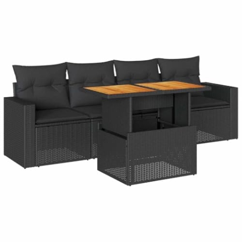 vidaXL 5-TLG. Garten-Sofagarnitur mit Kissen Schwarz Poly Rattan, Outdoor Sofagarnitur, Gartensofa Set, Lounge Set, Sofagarnitur Terrasse