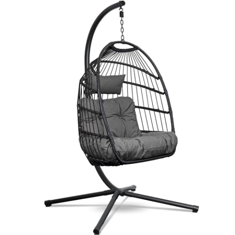 Swoods Hängesessel mit Gestell - Hängesessel Outdoor - Indoor und Outdoor - Hängstuhl mit Großen Kissen - Klapbarer Rattensessel - bis 150 kg - Dunkelgrau