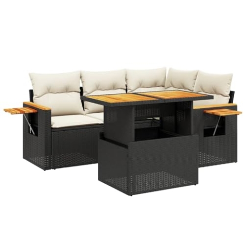 vidaXL Garten Sofagarnitur mit Kissen 5-TLG., Gartenmöbel Gartengarnitur, Sitzgruppe Sitzgarnitur, Lounge Sofa Garnitur Terrasse, Schwarz Poly Rattan
