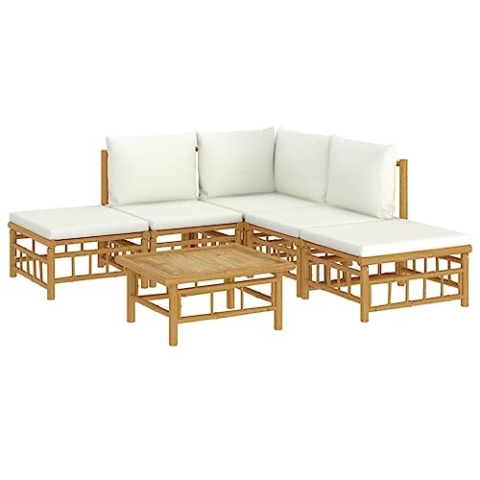 vidaXL Garten Lounge Set 6-TLG., Gartenmöbel Set mit Cremeweißen Kissen, Sitzgruppe für Garten Terrasse, Modular Sofa Garnitur Loungemöbel, Bambus
