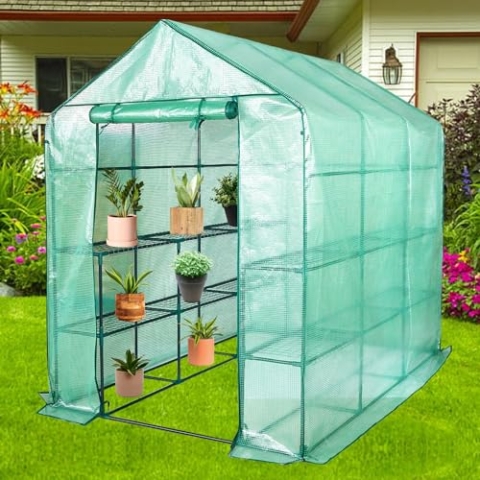 Lendo Online Gewächshaus und wasserdichter PE-Gitterfolie - Foliengewächshaus- grün - Stahl - Tomatengewächshaus - Gartenhaus mit Pflanzenhaltern aus Stahl - Treibhaus - Balkon/Garten (143x213x196cm)