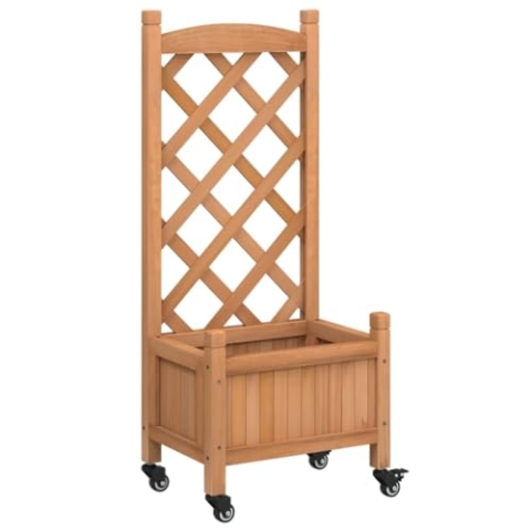 vidaXL Pflanzkübel mit Rankgitter Rollen, Blumenkasten mit Spalier, Pflanzgefäß für Terrasse Garten, Pflanzkasten, Braun Massivholz Tanne