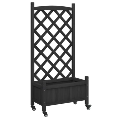 vidaXL Pflanzkübel mit Rankgitter Rollen, Blumenkasten mit Spalier, Pflanzgefäß für Terrasse Garten, Pflanzkasten, Schwarz Massivholz Tanne