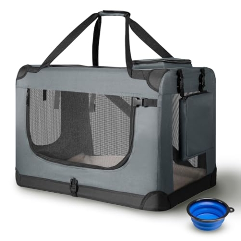 Juskys Hundetransportbox Lassie M faltbar & tragbar 42x60x44 cm mit Decke, Tasche & Griffen - Faltbare Transportbox für Hunde, Katzen & Haustiere - Oxford Stoff Hundebox Auto Hundetasche - Grau
