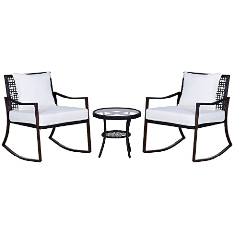 Outsunny Rattan Schaukelstuhl Set 3 TLG. Gartenmöbel mit Beistelltisch Schaukelstühlen Kissen Polsterauflage Balkonmöbel-Set für 2 Personen Sitzgruppe Outdoor Gartengarnitur für Garten Balkon Braun