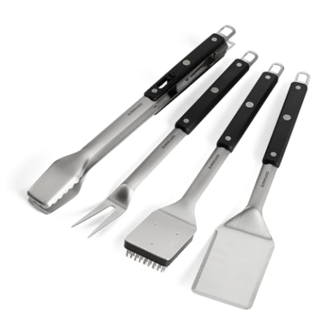 BURNHARD Edelstahl Grillbesteck Set 4-TLG. Grillzange, Grillbürste, Grillspachtel und Grillgabel, BBQ-Besteck mit Grillwender, hochwertige ABS-Kunststoffgriffe