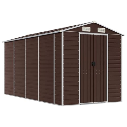 vidaXL Gerätehaus, Gartenhaus mit Schrägdach Griffe, Gartenschuppen Schuppen mit Stauraum, Geräteschuppen Metallschuppen, Braun 191x385x198 cm Verzinkter Stahl