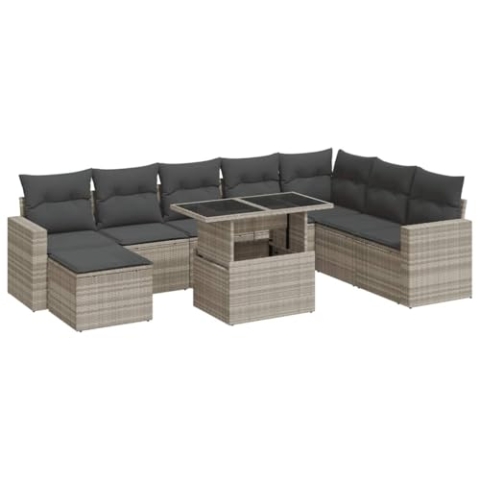 vidaXL 9-TLG. Garten-Sofagarnitur mit Kissen Hellgrau Poly Rattan, Outdoor Sofa Set, Outdoor Sofagarnitur, Garten-Lounge-Set, Garten Sofagarnitur