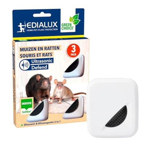 Edialux Mäusevertreiber und rattenabwehr, ultraschall Anti-ratten 3er-Pack, mäuse und ratten vertreiben, haustiersicher, Plug-and-Play, schützt bis zu 90 m² pro gerät