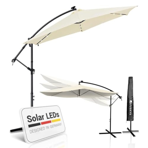 Juskys Ampelschirm Brazil 300 cm LED Beleuchtung Solar & Kurbel - UV-Schutz wasserabweisend knickbar - Sonnenschirm Marktschirm grau/creme
