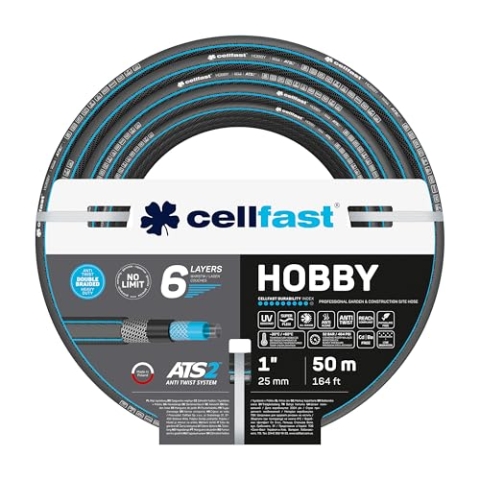 CELLFAST Gartenschlauch 6 Lagiger Wasserschlauch Doppelgeflecht Kreuz Trikotgewebe Bewässerungsschlauch UV Beständig Anti Algen Flexibler Schlauch 32 Bar 1 Zoll 50 Meter Hobby