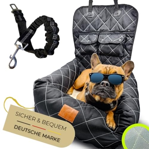 fell&bell Hunde Autositz Mittelgroß Schwarz | 2-in-1 Hundebett, Doppelt Gesichert, Bequem & Stylisch, Einfacher Aufbau, Ideal Für Reisen