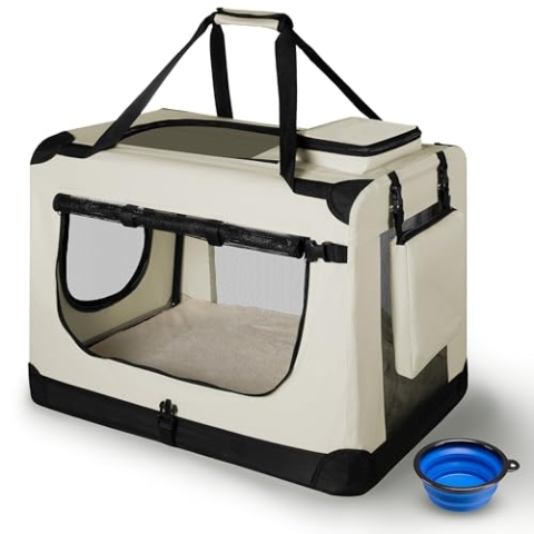 Juskys Hundetransportbox Lassie XL faltbar & tragbar 56x81x58 cm mit Decke, Tasche & Griffen - Faltbare Transportbox für Hunde, Katzen & Haustiere - Oxford Stoff Hundebox Auto Hundetasche - Beige