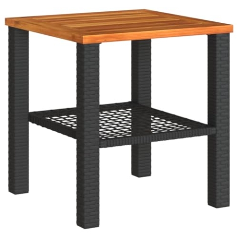 vidaXL Gartentisch, Beistelltisch für Garten Terrasse, Couchtisch mit Holzplatte, Balkontisch Kaffeetisch Gartenmöbel, Schwarz Poly Rattan Akazienholz