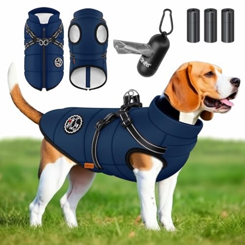 LOVPET® Hundejacke Hundemantel mit Geschirr, inkl. 45 Stück Kotbeutel + Spender, Hunde Winterweste gefüttert wasserdicht, Gepolsterte Weste Mit Brustgurt, Reflektoren, D-Ring 4XL, Navyblau