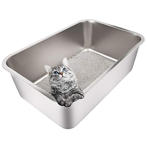 Yangbaga Edelstahl Katzentoilette Katzenklo in 50x 35x 20 cm Groß, robuste Katzentoilette, Nicht leicht zu verzerren, Kaninchentoilette, Toilette für großes Häschen und große Katze (Silber)