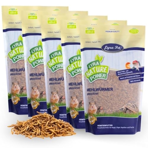 Lyra Pet® | 5 x 10 Liter Mehlwürmer getrocknet | Ausgezeichnete Proteinquelle für Vögel, Nager, Fische & Reptilien | Wildvogelfutter für Insektenfresser | Naturbelassenes Vogelfutter Ganzjährig