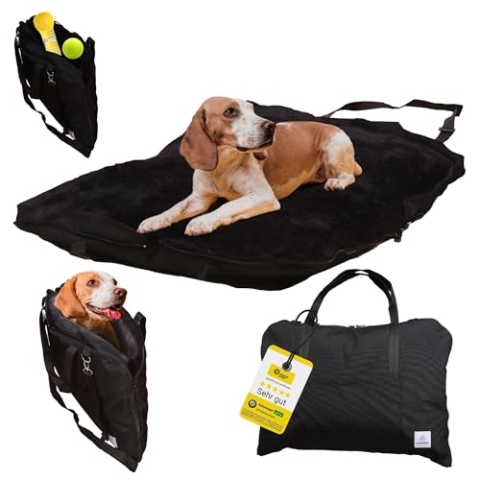 Wanderpfote Hundebett für Unterwegs – hochwertiges Orthopädisches Hundebett – praktische Tragetasche für Gepäck oder Tragehilfe Hund – Hundematte OekoTex und GSR Zertifiziert (Schwarz, M)