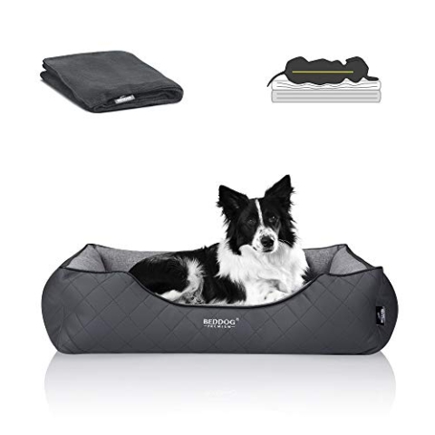 BedDog Premium Orthopädisches Hundebett WUFFI, Hundesofa aus Kunstleder, Abnehmbarer Bezug, Kuschel-Decke Zugabe - Rock-Flow (grau/grau)