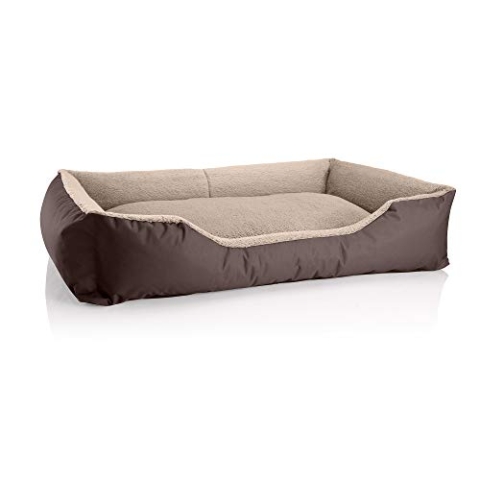BedDog Hundebett Teddy, Hundesofa aus Cordura und Microfaser-Velours, waschbares Hundebett mit Rand, Hundekissen Vier-eckig, für drinnen, draußen, Größe XXL, braun-beige