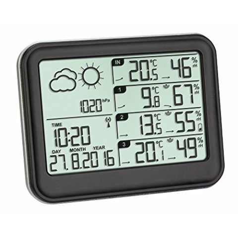TFA Dostmann Funk-Wetterstation View, 35.1142.01, mit 3 Aussensender, inkl Funkuhr, Wettervorhersage mit Luftdruck, mit Temperatur und Luftfeuchtigkeit, schwarz, L 131 x B 26 (63) x H 102 (98) mm
