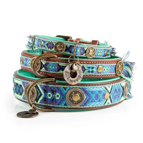 Dog with a Mission - Hundehalsband L | Farbenfroh in Blau und Türkis | Boho, Ethno, Ibiza, Hippie | Für große Hunde | Handgemacht | Modisch und Bunt | Aus weichem Echtes Leder | 2,5 cm Breit