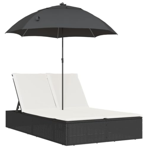 vidaXL Sonnenliege, Doppelliege mit Kissen Sonnenschirm, Gartenliege Verstellbare Rückenlehne, Relaxliege Liege Gartenmöbel, Schwarz Poly Rattan