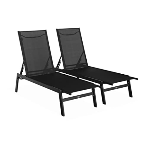 2er-Set Liegestuhl aus Textilene und Metall mit mehreren Positionen. Schwarz. L 155 x P 59 x H 106 cm
