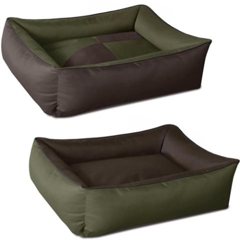 BedDog 2in1 Hundebett MAX Quattro, großes Hundekörbchen aus Cordura, waschbares Hundebett mit Rand, Hundesofa für drinnen, draußen, XXL, Mystic, grün-braun