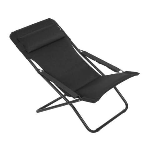 LAFUMA MOBILIER - Gepolsterte Mehrpositions-Sonnenliege TRANSABED - Robustes AirComfort Gewebe -Klappbarer Liegestuhl für Terrasse, Pool, Garten - 3 Positionen, Höchster Komfort, France -Schwarz Stahl