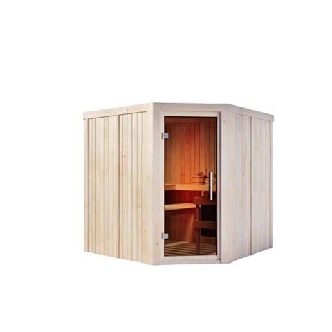 FinnTherm Innensauna Ina mit Eckeinstieg aus Holz Innensauna mit 68 mm Wandstärke Saunakabine Infrarotsauna