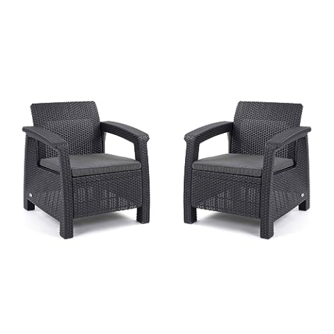 Allibert by Keter Corfu 2er Set Gartensessel aus Kunststoff, inkl. Outdoor Kissen, für Garten und Balkon, graphit / hell grau, 75 x 70 x 79cm pro Stuhl