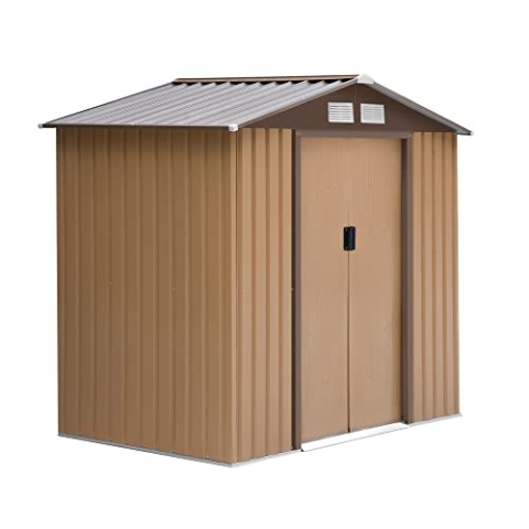 Outsunny Gerätehaus 2,42 m², Gartenhaus mit Satteldach, Schiebetür, Fundament, 213 x 130 x 185 cm, Geräteschuppen aus Verzinkter Stahl, wetterfest, für Garten, Gelb