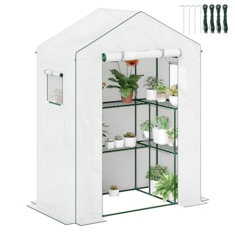 Outsunny Gartengewächshaus PE mit Regalen 3 Ebenen, Balkongewächshaus, verstärkte Plane 135 g/m², Stahlrahmen, aufrollbare Reißverschlusstür, für Gemüse Pflanzen Blumen, 140x73x190 cm, weiß