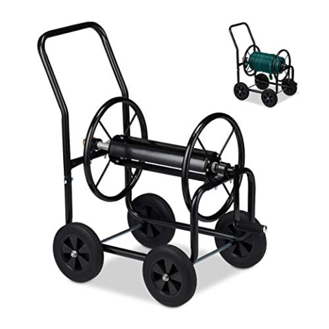 Relaxdays Schlauchwagen Metall, 4 Gummiräder, XL Schlauchtrommel, Kurbel, für 60m Schlauch, HBT 81 x 48 x 80 cm, schwarz