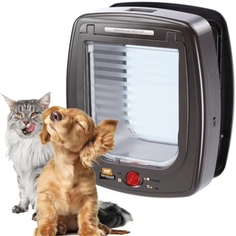 Ferplast Katzenklappe mit chiperkennung, hundeklappe kleine Hunde, 4-Wege Katzentür, mit Schutz vor Zugluft, inkl. Katzenhalsband mit Mikrochip, SWING MICROCHIP Mittel,Mikrochip haustierklappe, Braun