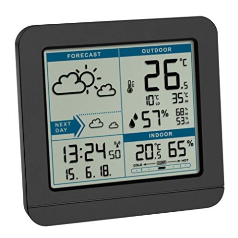 TFA Dostmann digitale Funk Wetterstation SKY, 35.1152.01, mit Außensensor, Temperatur & Luftfeuchtigkeit innen/außen, Wettervorhersage, Höchst- und Tiefstwerte, Funkuhr, 123 x 52 x 117 mm, schwarz