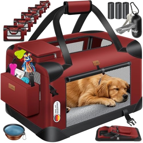 Lovpet® Transportbox Hund Katze Transporttasche XXXL 102x69x69cm | Hunde-Tragetasche Faltbare Katzentasche | Haustier-Transportbox inkl. Hundenapf & Schultergurt | für Katzen & Hunde Bordeaux/Rot