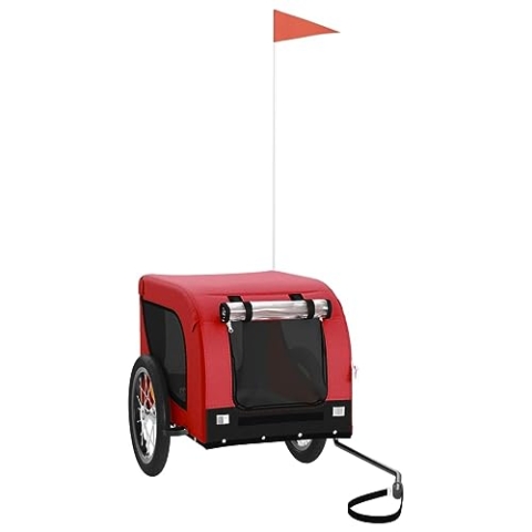 vidaXL Fahrradanhänger für Hunde, Hundeanhänger mit Reflektoren Flagge, Hundetransporter Maximale Belastbarkeit 45kg, Rot Schwarz Oxford-Gewebe Eisen