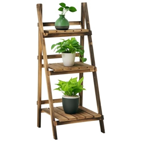 Outsunny 3-Etagen Pflanzenständer, klappbarer 93 cm hoch Blumenständer für Innen Außen, Pflanzenregal aus Holz, Blumentopfständer mit Tabletts, Blumentreppe für Wohnzimmer, Garten Balkon, Dunkelbraun