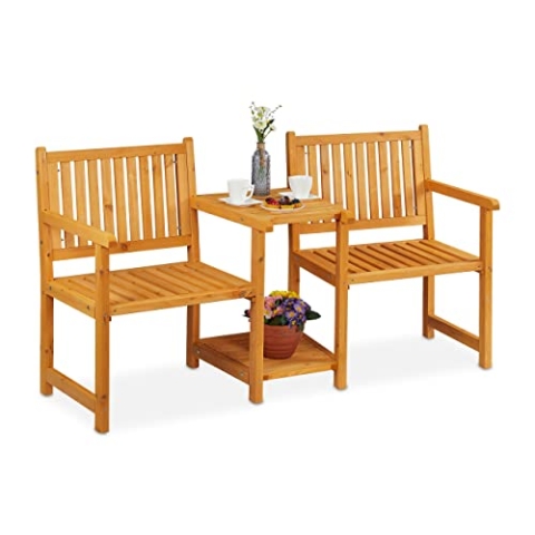 Relaxdays Gartenbank mit integriertem Tisch, 2-Sitzer, robuste Holz Sitzbank, Garten & Balkon, HBT: 86x161x61 cm, Natur