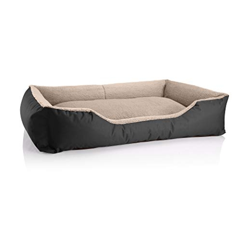 BedDog Hundebett Teddy, Hundesofa aus Cordura und Microfaser-Velours, waschbares Hundebett mit Rand, Hundekissen Vier-eckig, für drinnen, draußen, Größe XXXL, schwarz-beige