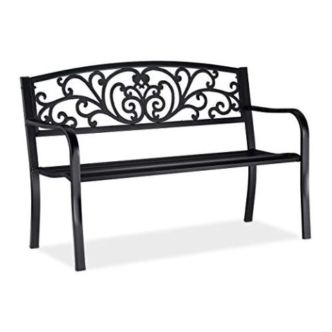 Relaxdays Gartenbank, bequemer 2-Sitzer, mit Vintage-Ornamenten, für Terrasse, Balkon, HxBxT 86,5 x 127 x 60 cm, schwarz