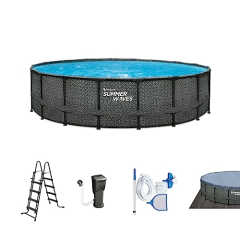Summer Waves Frame Pool Komplettset | Rund 488x122 cm Rattanoptik Grau | Aufstellpool Set | Gartenpool & Schwimmbecken inkl. Filterpumpe, Einstiegsleiter, Abdeckplane, Bodenvlies & Reinigungsset