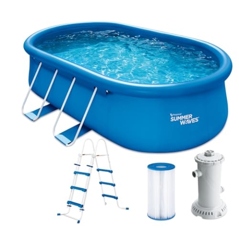 Summer Waves Quick Up Pool Komplettset | Oval 457x305x107 cm Blau | Aufstellpool Set | Gartenpool & Schwimmbecken inkl. Filterpumpe, Leiter, Bodenvlies & Abdeckplane