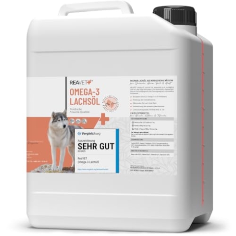 TESTURTEIL SEHR GUT 2025 ReaVET Lachsöl Hunde, Pferde 5-Liter-Kanister – Reich an Omega 3 & 6, Fischöl Hund hochdosiert I Echte Lebensmittelqualität ohne Zusätze I Frisch abgefüllt in Deutschland
