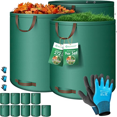 KESSER® Gartensack 9x 272L Set Laubsack Gartenabfallsack inkl. Handschuhe - Selbststehend 4 Griffe Stabil Robust & Faltbar - Laubsäcke Rasenschnitt Gartensäcke für Gartenabfälle Grünschnitt Grün