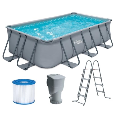 Summer Waves Frame Pool Komplettset | Rechteckig 400x200x100 cm Grau | Aufstellpool Set | Gartenpool & Schwimmbecken inkl. Filterpumpe, Filterpatrone & Einstiegsleiter