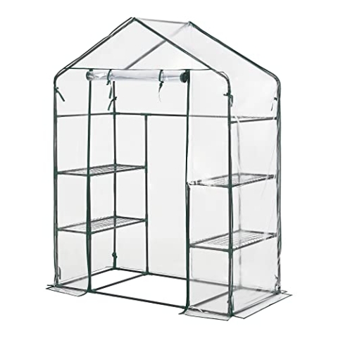 [en.casa] Gewächshaus Hoorn Tomatengewächshaus 140 x 73 x 195 cm Foliengewächshaus mit Ablagen Satteldach Treibhaus mit aufrollbarer Tür Stahlrahmen Transparent